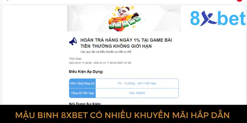 Mậu binh 8xbet có nhiều khuyến mãi hấp dẫn người chơi